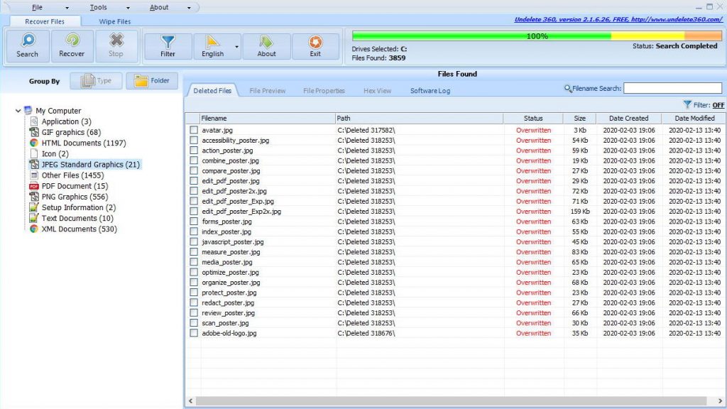 undelete 360 interface