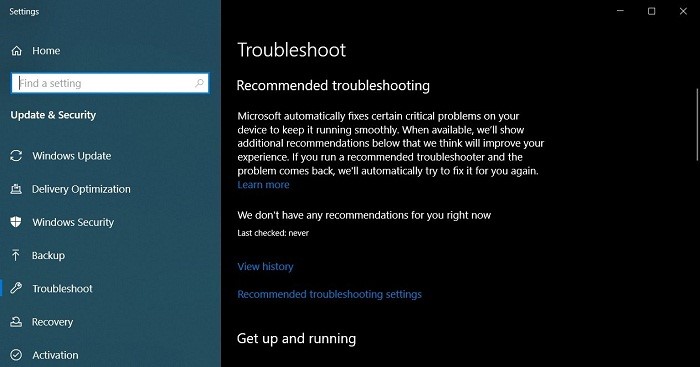 Troubleshooting Window to resolve the Windows Update error.