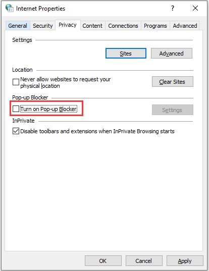 turn off pop up blocker