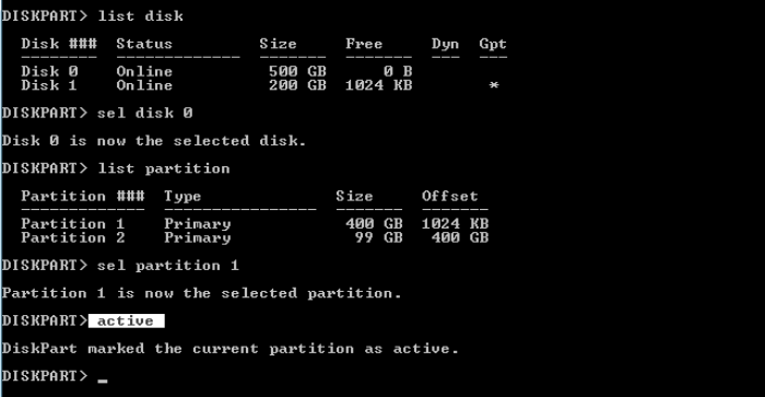 Type 'active' to make the partition active