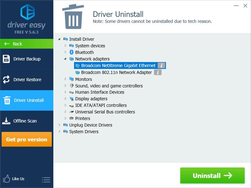 uninstalling network adapter drive