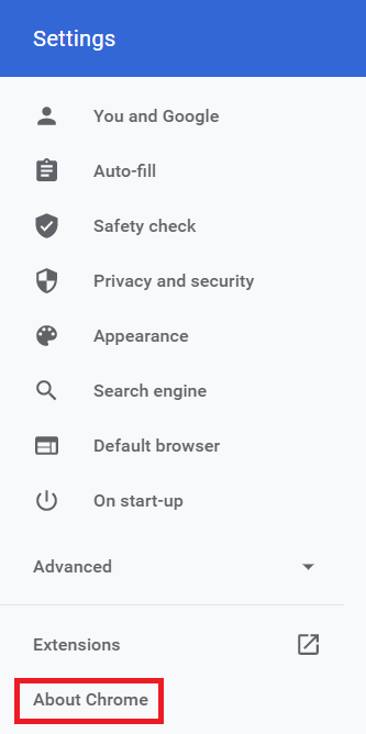 click on the about section of chrome