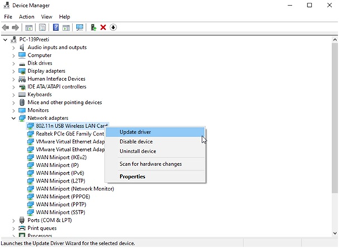 select Update driver under the 802.11 n USB Wireless LAN device option