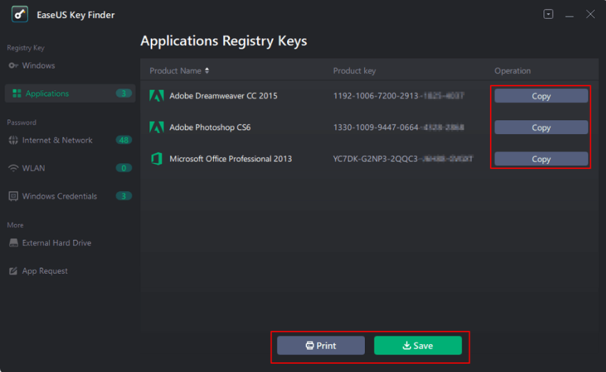 Copy listed license keys using EaseUS Key Finder
