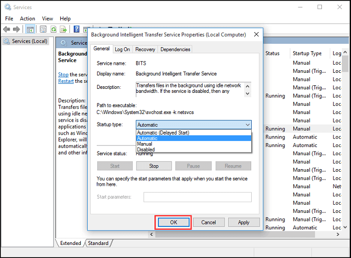 The BITS properties adjusted to keep running.