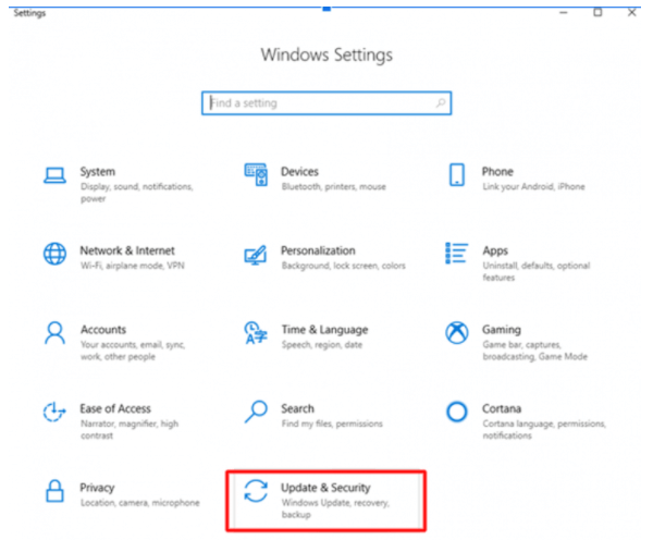 Update Bluetooth Drivers on Windows 10 - select update and security in Windows Update