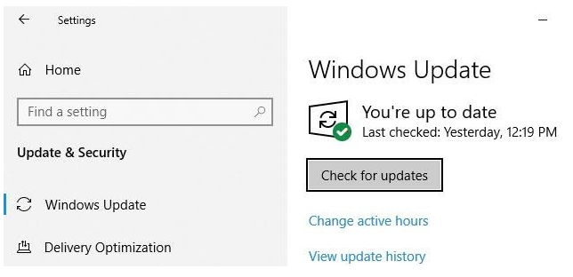 Update Bluetooth Drivers on Windows 10 - select Check For Updates in Windows Update