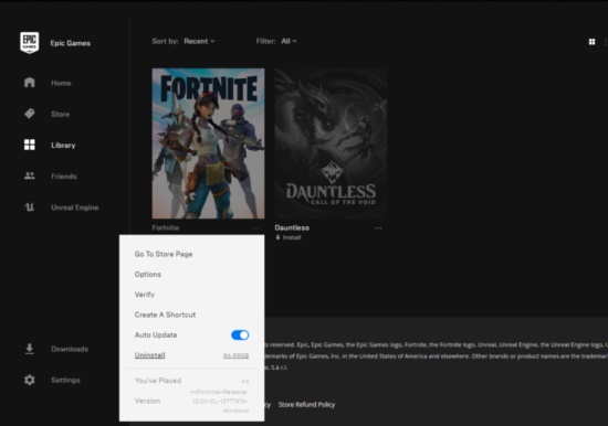 reinstall fortnite select unistall